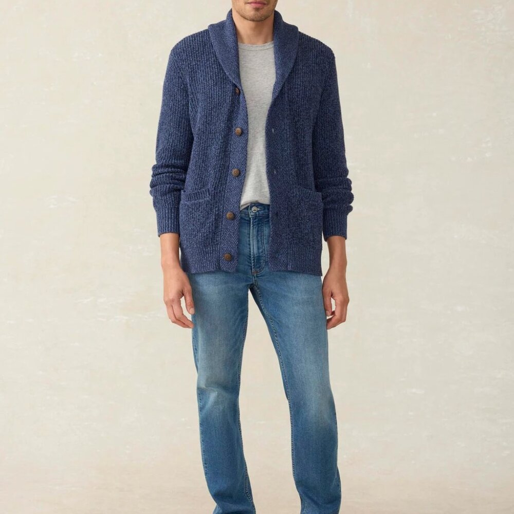 FAHERTY Classic Preppy Marled Cotton Cashmere Shawl Collar Blue Cardigan Medium